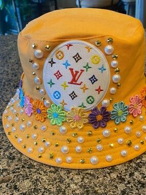 Yellow Custom Design Embroidered Floral Pearl Bucket Hat